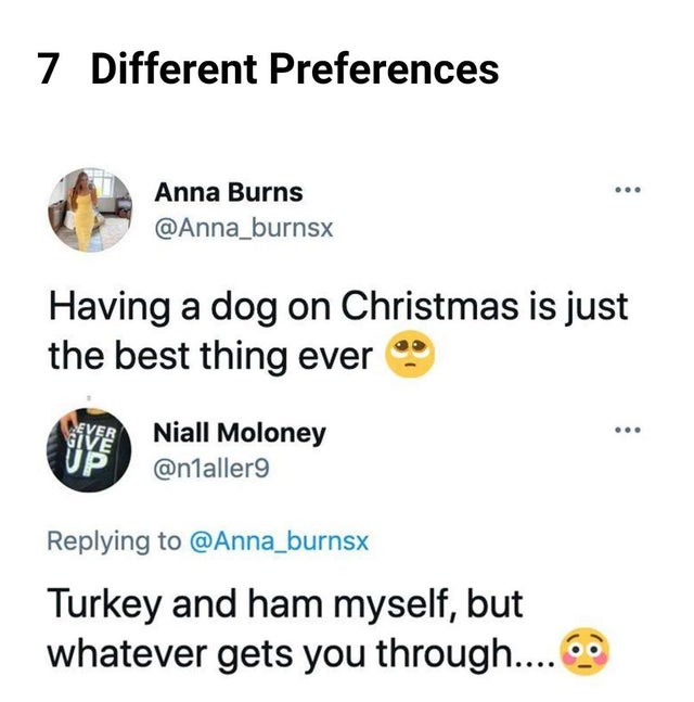 dark memes- 7 Different Preferences Anna Burns Having a dog on Christmas is just the best thing ever Ever Give Niall Moloney Up Turkey and ham myself, but whatever gets you through....6