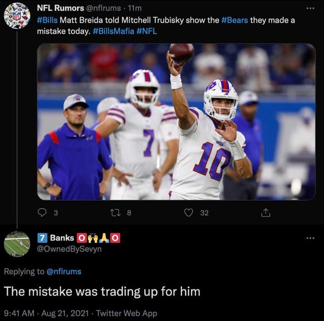 mitch trubisky bills preseason - One Nfl Rumors 11m Matt Breida told Mitchell Trubisky show the they made a mistake today. 10 27 8 32 7 Banks O Wao The mistake was trading up for him Twitter Web App