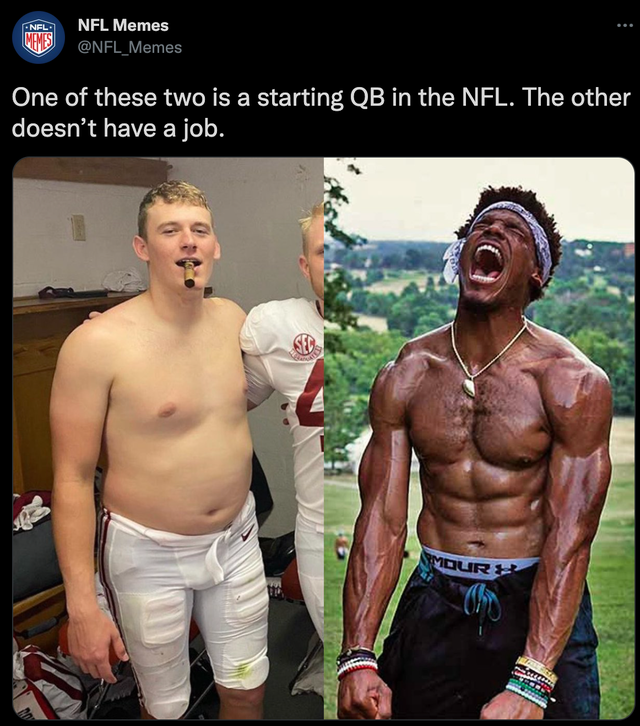 mac jones cam newton meme - Nfl Memes One of these two is a starting Qb in the Nfl. The other doesn't have a job. Quru