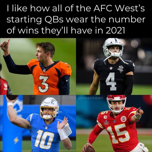 football player - I how all of the Afc West's starting QBs wear the number of wins they'll have in 2021 Bonde 3 4 Liv 10 15