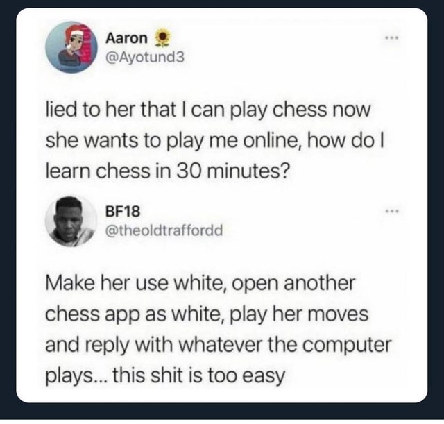 document - Aaron lied to her that I can play chess now she wants to play me online, how do I learn chess in 30 minutes? BF18 Make her use white, open another chess app as white, play her moves and with whatever the computer plays... this shit is too easy