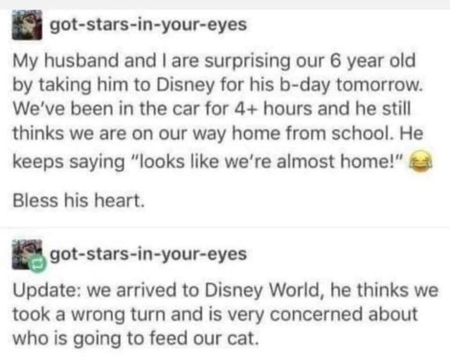 fanfiction harry potter posts - gotstarsinyoureyes My husband and I are surprising our 6 year old by taking him to Disney for his bday tomorrow. We've been in the car for 4 hours and he still thinks we are on our way home from school. He keeps saying "loo