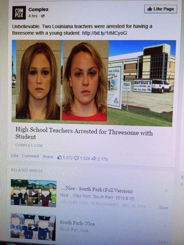 poster - Com Complex Page Plex 4 hrs. Unbelievable. Two Louisiana teachers were arrested for having a threesome with a young student. Soon you Mayeux'S Legnc 3543435 High School Teachers Arrested for Threesome with Student Complex.Com Comment 55721526 2.1