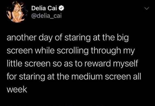 if i walk into a girls house - Delia Cai another day of staring at the big screen while scrolling through my little screen so as to reward myself for staring at the medium screen all week