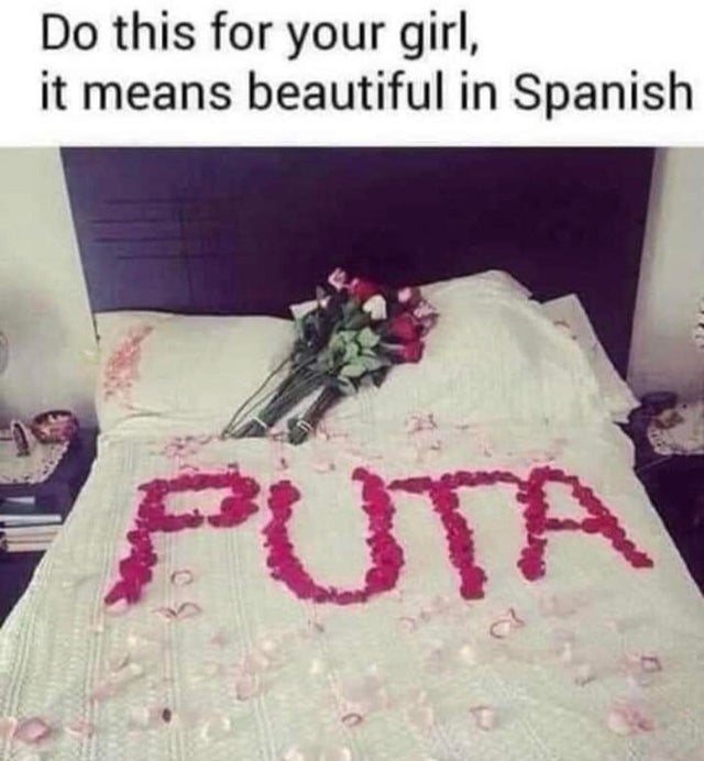 rose petals on bed meme - Do this for your girl, it means beautiful in Spanish Puta