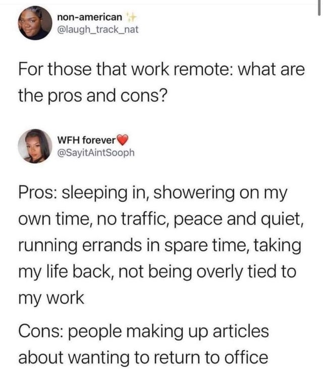 angle - nonamerican For those that work remote what are the pros and cons? Wfh forever Pros sleeping in, showering on my own time, no traffic, peace and quiet, running errands in spare time, taking my life back, not being overly tied to my work Cons peopl