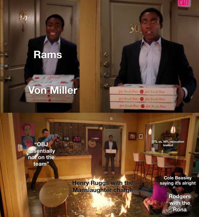 NFL memes - donna beneviento x ethan winters - Cam 503 30 Rams Von Miller Real edhur Cc Stl Vs. Nfl relocation lawsuit "Obj essentially not on the team" Cole Beasley saying it's alright Henry Ruggs with the Manslaughter charge Rodgers with the Rona