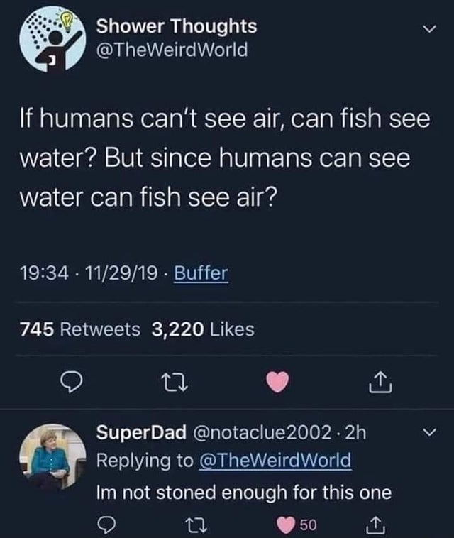 dark memes - mha memes traitor theory - > Shower Thoughts World If humans can't see air, can fish see water? But since humans can see water can fish see air? 112919 Buffer 745 3,220 27 > SuperDad 2002.2h World Im not stoned enough for this one 27 50