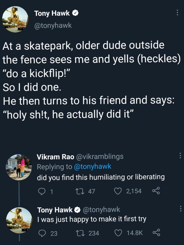 wholesome pics and memes - sky - Tony Hawk At a skatepark, older dude outside the fence sees me and yells heckles