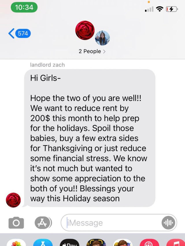 wholesome pics and memes - web page - 574 2 People > landlord zach Hi Girls Hope the two of you are well!! We want to reduce rent by 200$ this month to help prep for the holidays. Spoil those babies, buy a few extra sides for Thanksgiving or just reduce s