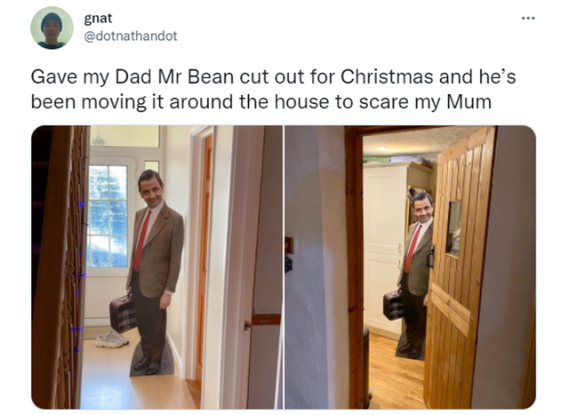 wholesome pics and memes - gave my dad a mr bean cutout - . gnat Gave my Dad Mr Bean cut out for Christmas and he's been moving it around the house to scare my Mum