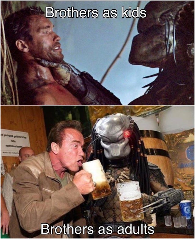 wholesome pics and memes - arnold schwarzenegger drinking beer - Brothers as kids We Brothers as adults
