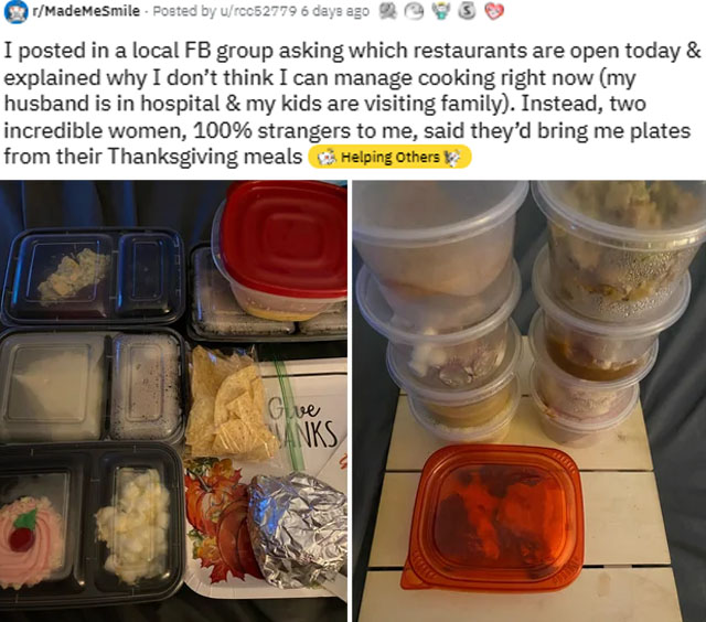 wholesome pics and memes - food preservation - MadeMeSmile Posted by urcc52779 6 days ago I posted in a local Fb group asking which restaurants are open today & explained why I don't think I can manage cooking right now my husband is in hospital & my kids