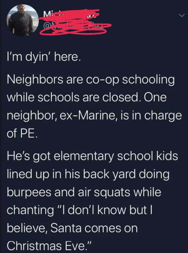 wholesome pics and memes - atmosphere - Mi. I'm dyin' here. Neighbors are coop schooling while schools are closed. One neighbor, exMarine, is in charge of Pe. He's got elementary school kids lined up in his back yard doing burpees and air squats while cha
