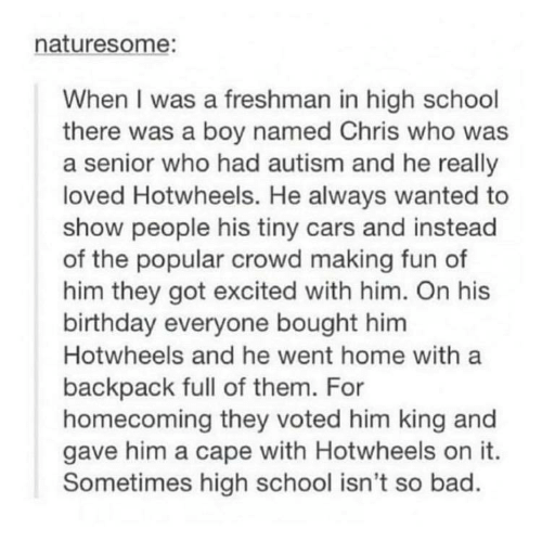 wholesome pics and memes - high school so bad - naturesome When I was a freshman in high school there was a boy named Chris who was a senior who had autism and he really loved Hotwheels. He always wanted to show people his tiny cars and instead of the pop