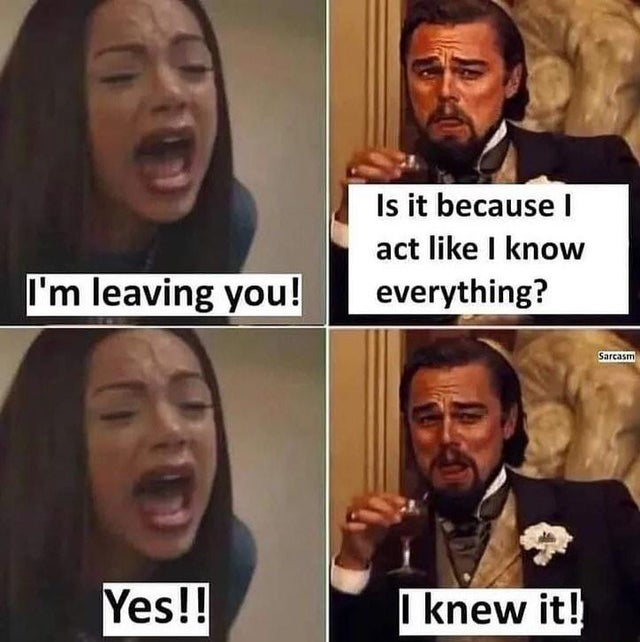 relationship memes - im leaving you is it because i act like i know everything - Is it because I act I know everything? I'm leaving you! Sarcasm Yes!! I knew it!