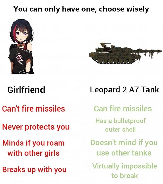 relationship memes - good - You can only have one, choose wisely ma Girlfriend Leopard 2 A7 Tank Can't fire missiles Never protects you Minds if you roam with other girls Can fire missiles Has a bulletproof outer shell Doesn't mind if you use other tanks 