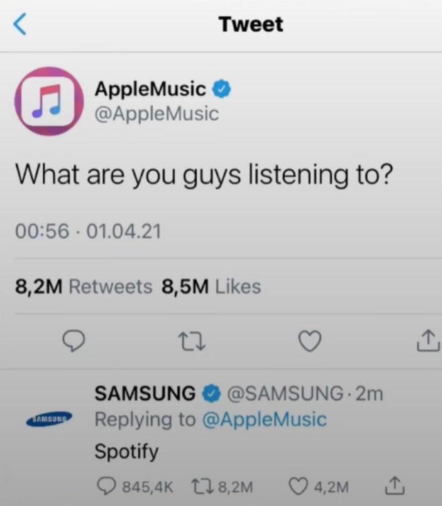 iron man 2 -  Tweet I Apple Music Music What are you guys listening to? . 01.04.21 8,2M 8,5M 27 Samsung Samsung 2m Music Spotify 628,2M 4,2M