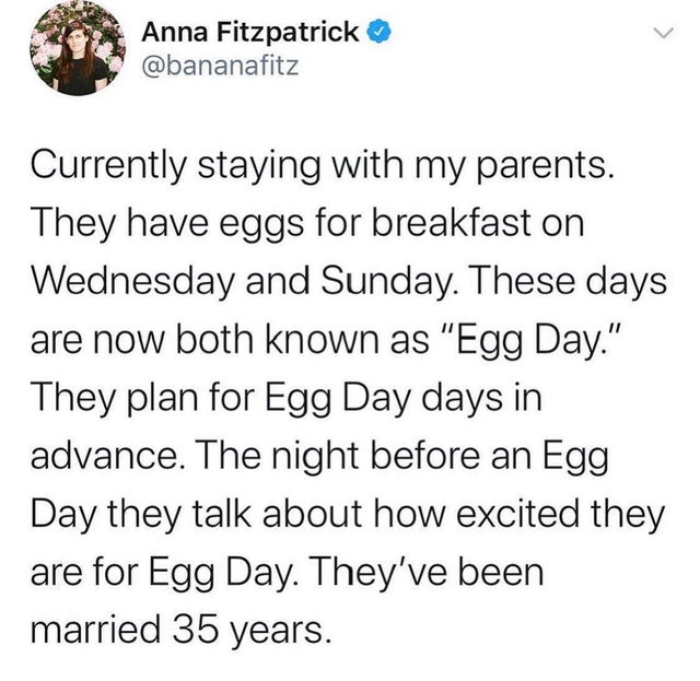 kanye west ariana grande tweet - > Anna Fitzpatrick Currently staying with my parents. They have eggs for breakfast on Wednesday and Sunday. These days are now both known as "Egg Day." They plan for Egg Day days in advance. The night before an Egg Day the