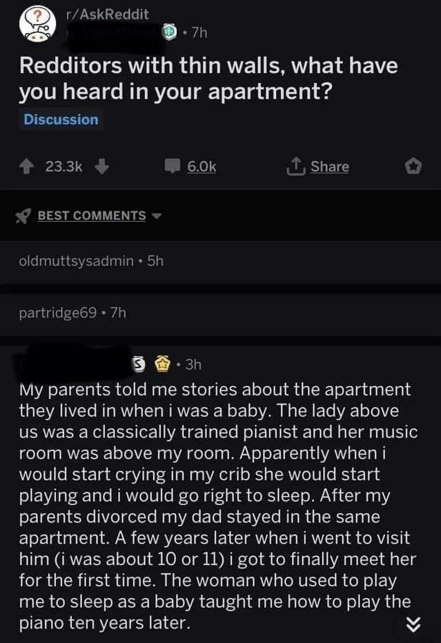 purple link zelda - rAskReddit 7h Redditors with thin walls, what have you heard in your apartment? Discussion Best oldmuttsysadmin. 5h partridge69.7h 33h My parents told me stories about the apartment they lived in when i was a baby. The lady above us wa