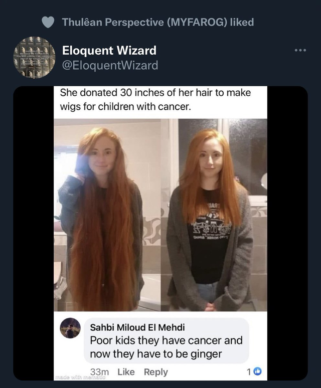 long hair - Thulean Perspective Myfarog d Eloquent Wizard She donated 30 inches of her hair to make wigs for children with cancer. Sahbi Miloud El Mehdi Poor kids they have cancer and now they have to be ginger 33m 10