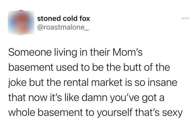 quotes - stoned cold fox Someone living in their Mom's basement used to be the butt of the joke but the rental market is so insane that now it's damn you've got a whole basement to yourself that's sexy