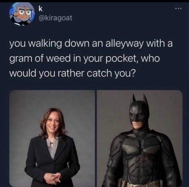 batman cristhian bale - c k you walking down an alleyway with a gram of weed in your pocket, who would you rather catch you?