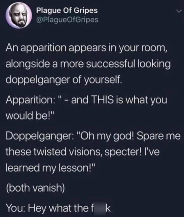 funny memes they had us in the first half - Plague Of Gripes An apparition appears in your room, alongside a more successful looking doppelganger of yourself. Apparition" and This is what you would be!" Doppelganger "Oh my god! Spare me these twisted visi