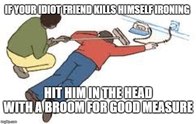 cartoon - If Your Idiot Friend Kills Himself Ironing Hit Him In The Head With A Broom For Good Measure imgiip.com