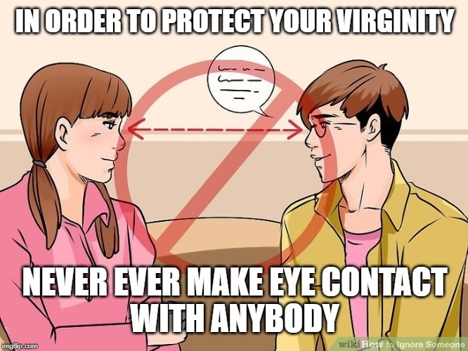 cartoon - In Order To Protect Your Virginity Never Ever Make Eye Contact With Anybody imgflip.com wiki Hosv to ignore Someone