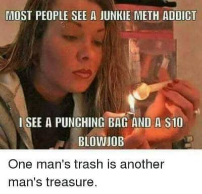 tweaker memes - Most People See A Junkie Meth Addict I See A Punching Bag And A $10 Blowjob One man's trash is another man's treasure.