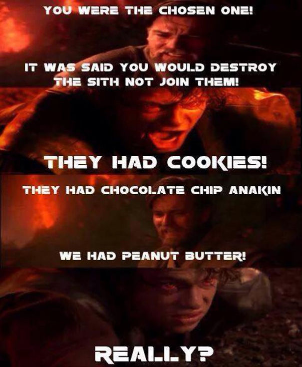 best star wars memes - You Were The Chosen One! It Was Said You Would Destroy The Sith Not Join Them! They Had Cookies! They Had Chocolate Chip Anakin We Had Peanut Butter! Really?
