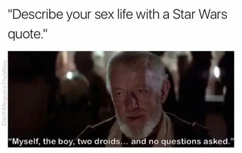 sex in star wars meme - "Describe your sex life with a Star Wars quote." Darth Meque TheWise "Myself, the boy, two droids... and no questions asked."