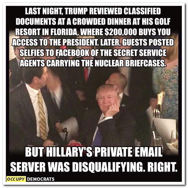 Donald Trump - Last Night. Trump Reviewed Classified Documents At A Crowded Dinner At His Golf Resort In Florida, Where $200,000 Buys You Access To The President. Later, Guests Posted Selfies To Facebook Of The Secret Service Agents Carrying The Nuclear B