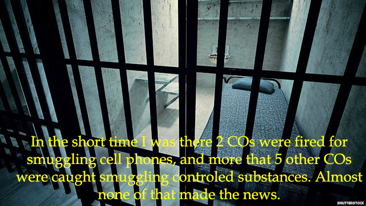 Prison - In the short time I w there 2 COs were fired for smuggling cell phones, and more that 5 other COs were caught smuggling controled substances. Almost none of that made the news. Shutterstock