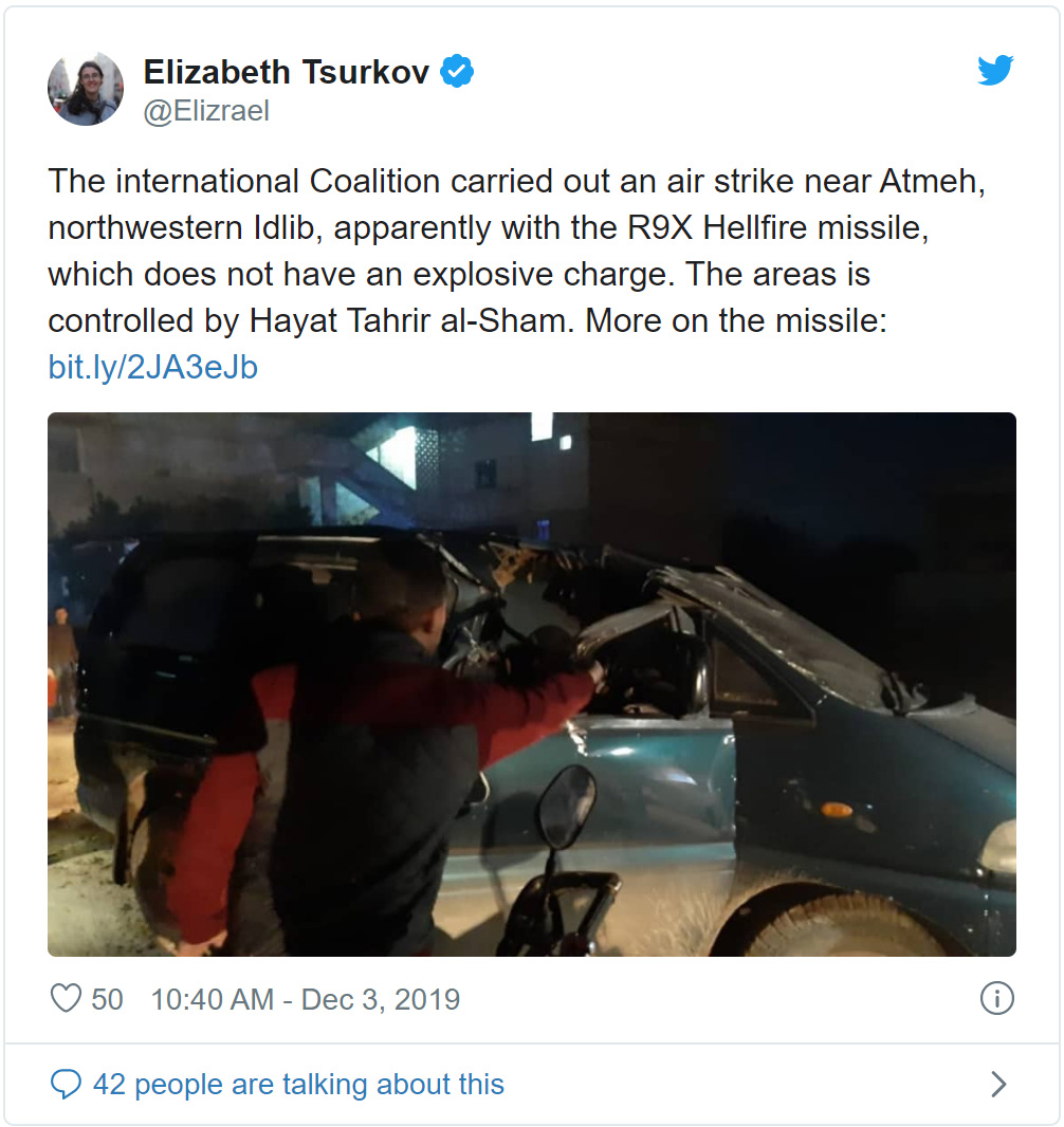 vehicle - Elizabeth Tsurkov The international Coalition carried out an air strike near Atmeh, northwestern Idlib, apparently with the R9X Hellfire missile, which does not have an explosive charge. The areas is controlled by Hayat Tahrir alSham. More on th