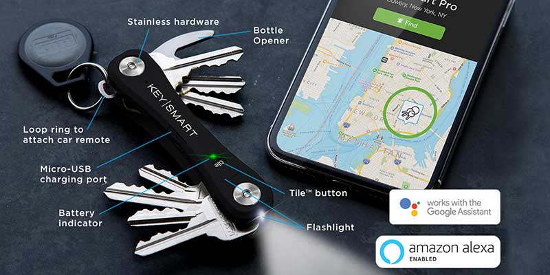 KeySmart Pro Tile Smart Location - Wwery, New York, Ny U Pro Stainless hardware Find Bottle Opener 0 Key Smart Loop ring to attach car remote Manhatt MicroUsb charging port TileTM button e O works with the Google Assistant Battery indicator Flashlight ama
