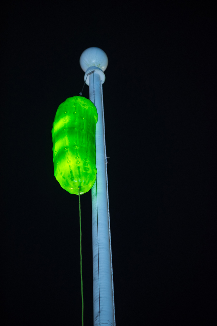 Mt. Olive, NC

On NYE in Mt. Olive, North Carolina, people gather around the pickle pole at the Mt. Olive Pickle Company on the corner of Cucumber and Vine to celebrate the coming year. At 7 p.m. (which is midnight Greenwich Time), a giant lighted pickle is dropped to splash into a huge wooden redwood pickle tank that is installed beneath the pole.