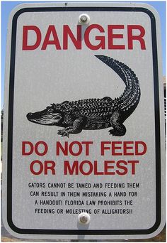 dumbest warning labels - Danger Do Not Feed Or Molest Gators Cannot Be Tamed And Feeding Them Can Result In Them Mistaking A Hand For A Handouti Florida Law Prohibits The Feeding Or Molesting Of Alligatorshi