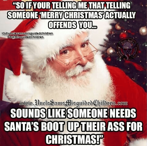 "So If Your Telling Me That Telling Someone Merry Christmas Actually Offends You.. Ig Fbg MeguidedChildren Children.com Sounds Someone Needs Santa'S Boot Up Their Ass For Christmas!