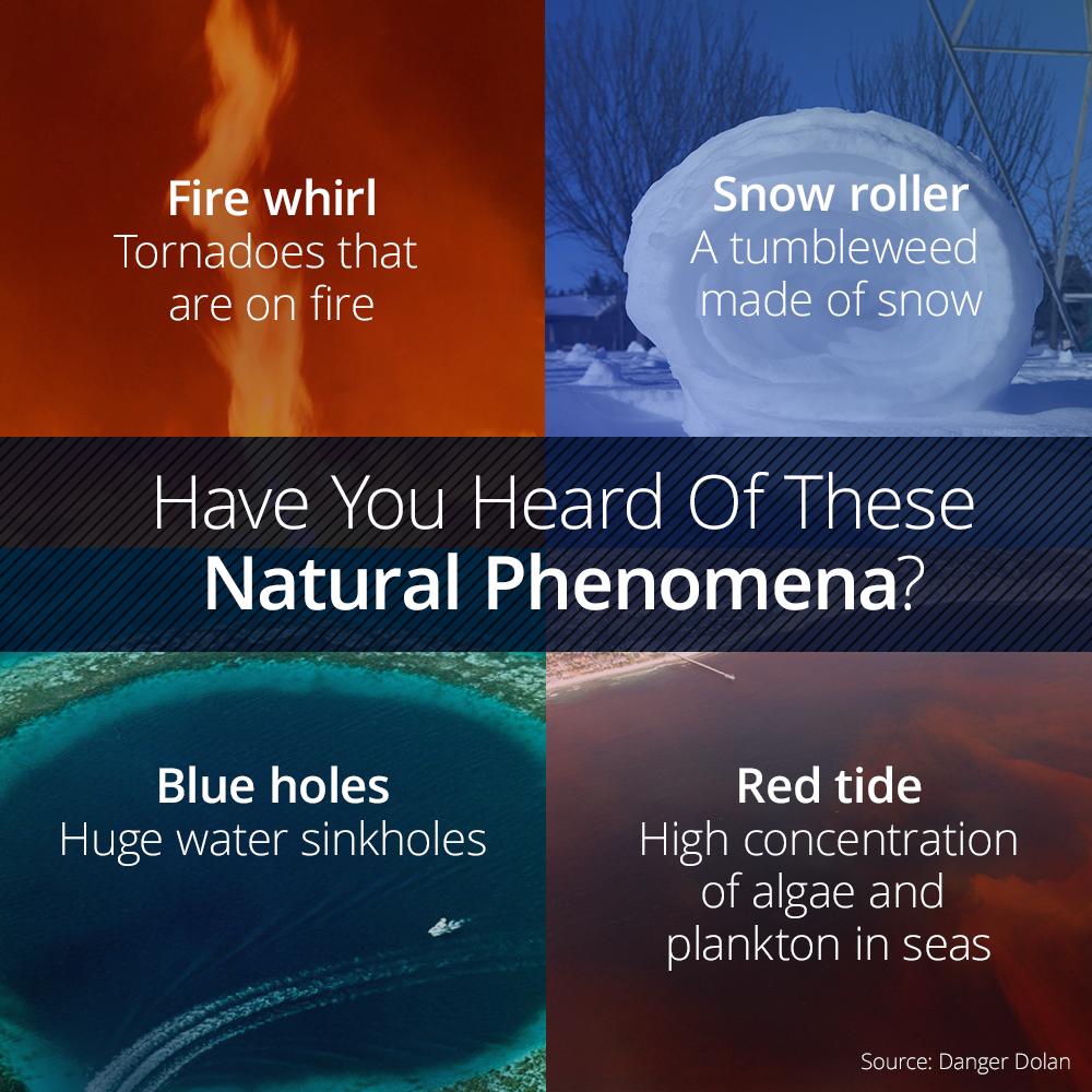 heat - Fire whirl Tornadoes that are on fire Snow roller A tumbleweed made of snow Have You Heard Of These Natural Phenomena? Blue holes Huge water sinkholes Red tide High concentration of algae and plankton in seas Source Danger Dolan