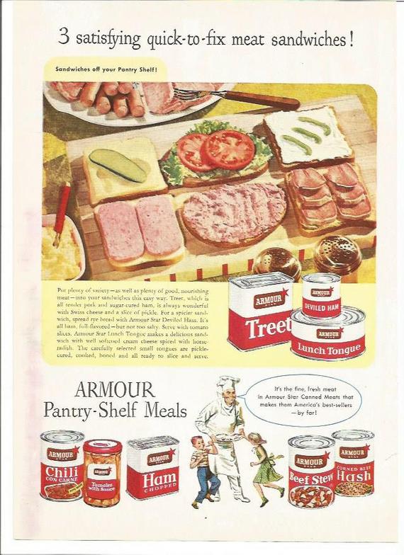 vintage advertisement - 3 satisfying quicktofix meat sandwiches ! Sandwiches off your Pantry Shelf! Angus Armour Purplemy of varietyas well as plenty of good, nourishing Unwide this sy way. The which All tender o suparcuted ham, is always wonderful with S