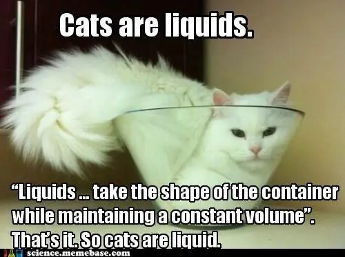 funny science memes - Cats are liquids. "Liquids ...take the shape of the container while maintaining a constant volume". That's it. So cats are liquid. science.memebase.com