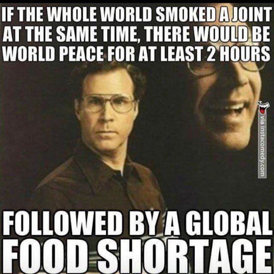 weed funny meme - If The Whole World Smoked A Joint At The Same Time. There Would Be World Peace For At Least 2 Hours via instacomedy.com ed By A Global Food Shortage