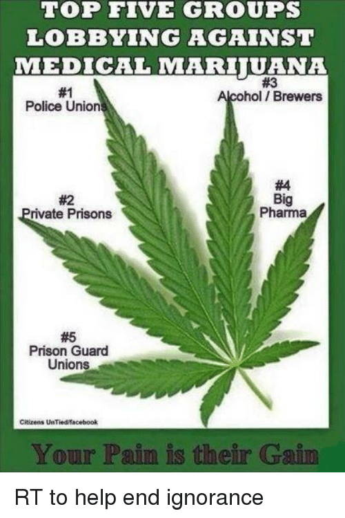 medical marijuana funny - Top Five Groups Lobbying Against Medical Marijuana Alcohol Brewers Police Unions Big Pharma Private Prisons Prison Guard Unions Citizens un Tied facebook Your Pain is their Gain Rt to help end ignorance