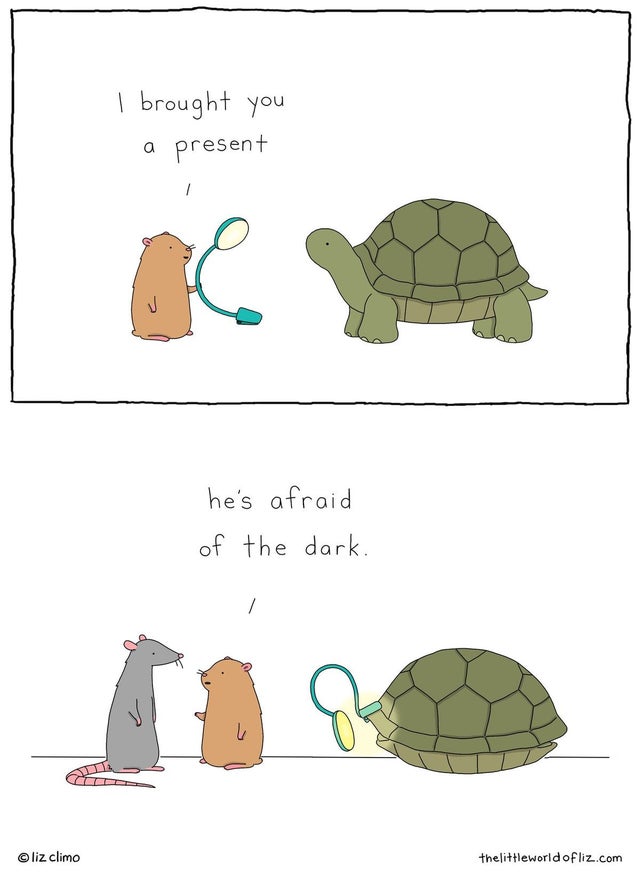 comics liz climo - | brought you a present . he's afraid of the dark. liz climo thelittleworldofliz.com