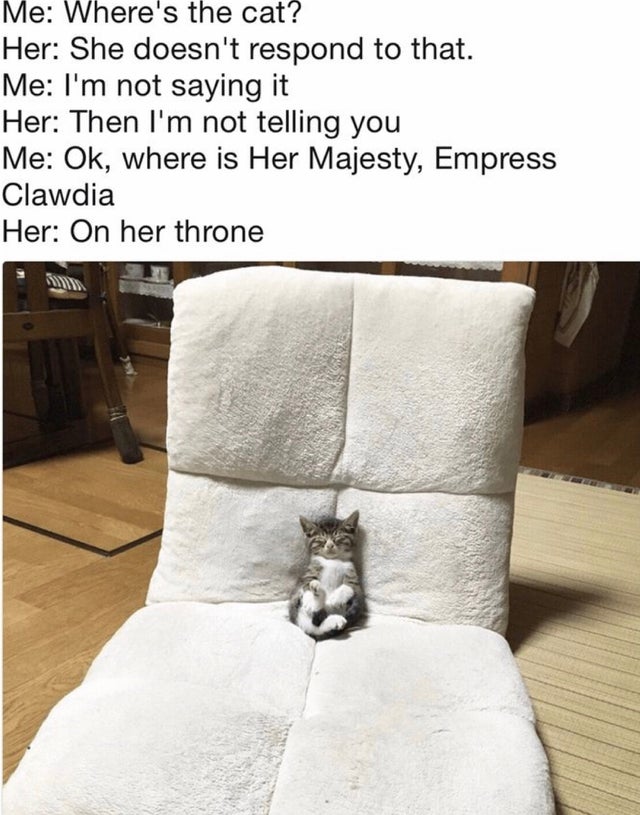 Me Where's the cat? Her She doesn't respond to that. Me I'm not saying it Her Then I'm not telling you Me Ok, where is Her Majesty, Empress Clawdia Her On her throne