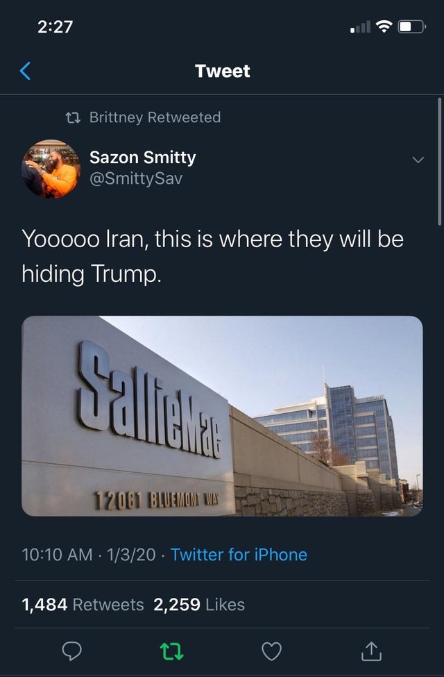 screenshot - Tweet 12 Brittney Retweeted Sazon Smitty Yooooo Iran, this is where they will be hiding Trump Walia 12061 Bluemom Wa 1320 Twitter for iPhone 1,484 2,259