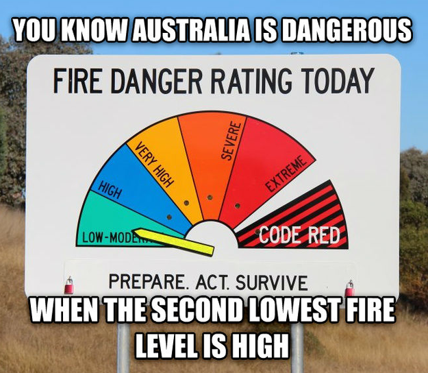 australian heat meme - You Know Australia Is Dangerous Fire Danger Rating Today Severe Very High Extreme . LowModa Code Red Prepare. Act. Survive When The Second Lowest Fire Level Is High