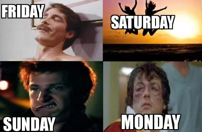 It's interesting because it describes the majority of people's lives from the beginning of the weekend to the very end. By Monday you look like you've been beaten in the face by life's unforgiving shlong.